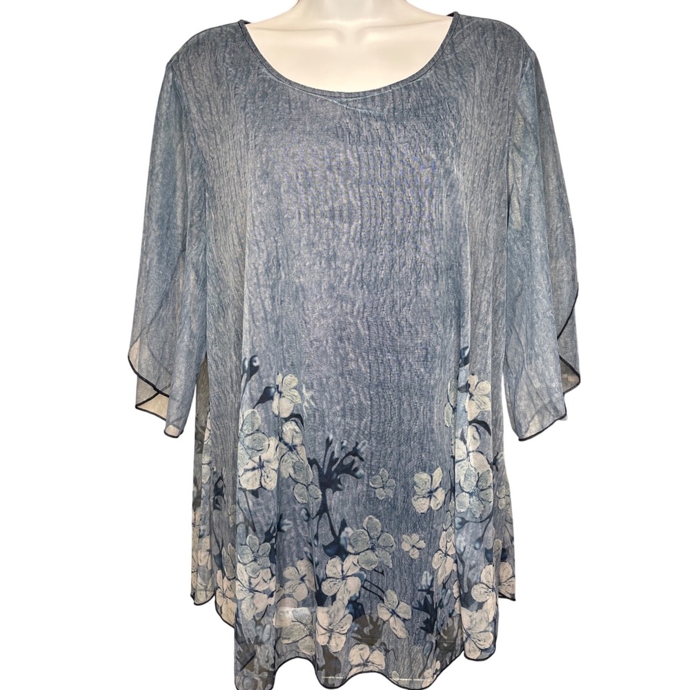 SESEโ CODE Blue Floral Mesh Overlay Tunic Blouse XL Bell Sleeve Coastal Romantic